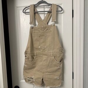 We The Free Beige Distressed Denim Short Overalls